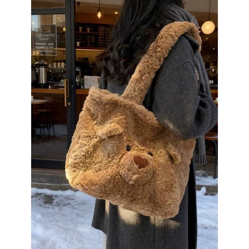 Japanese Cartoon Plush Bear Shoulder Bag With Storage For Daily Use