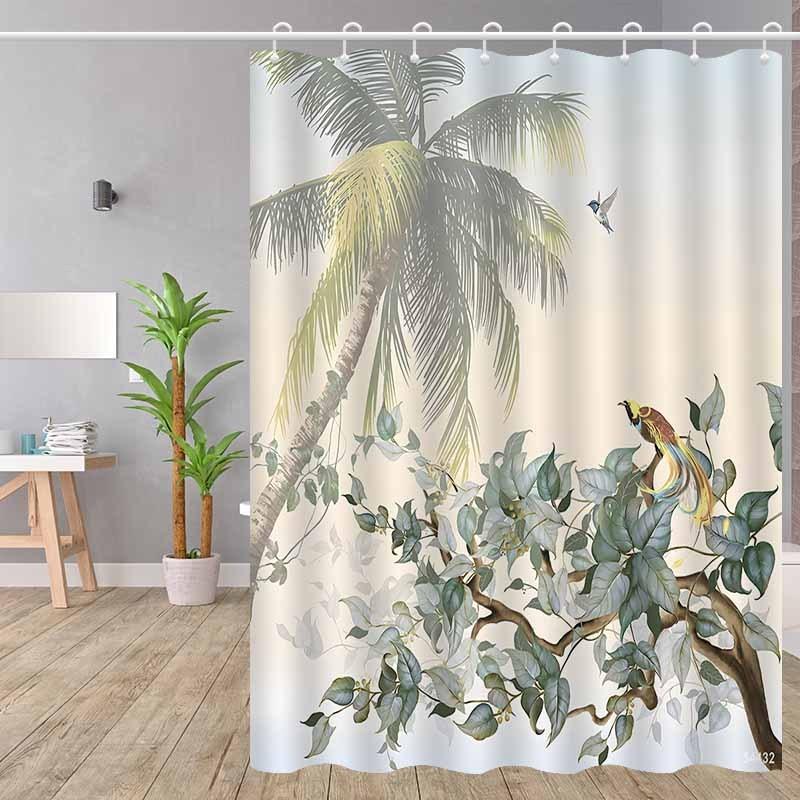 1Pc Tropical Rainforest Coconut Tree Pattern Shower Curtain, High End Elegant Bathroom Curtain, Bathroom Decoration Pattern