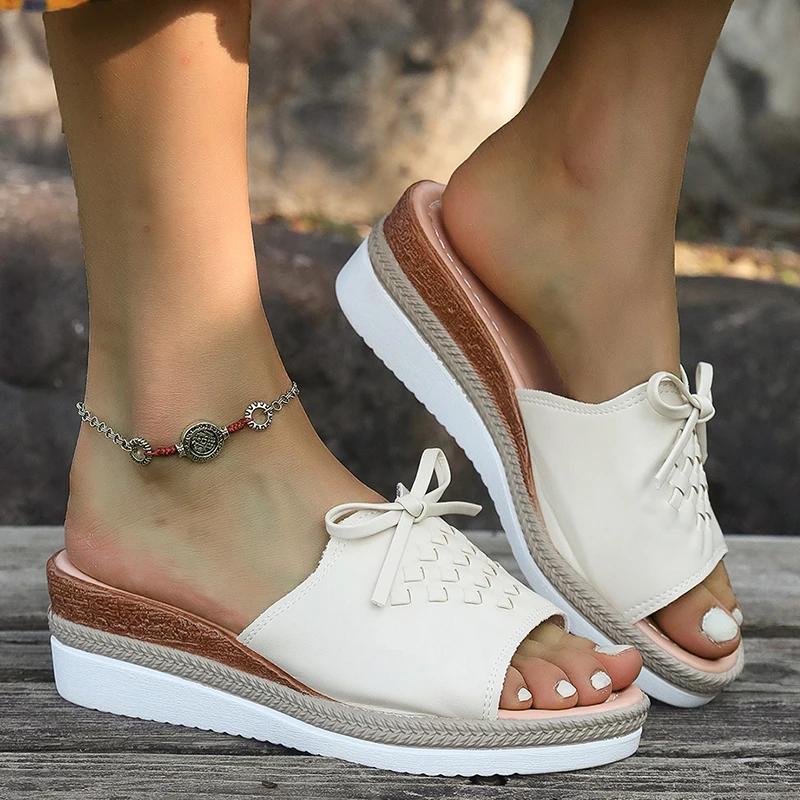 Fashion Fashion Bowtie Wedges Sandals for Women Summer 2025 Lightweight Non Slip Beach Shoes Woman Casual PU Leather Platform Slippers