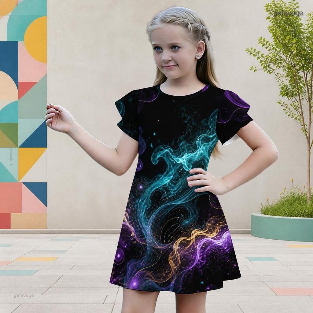 Girls Galaxy Printed Round Neck Flutter Sleeve A Line Flared Dress