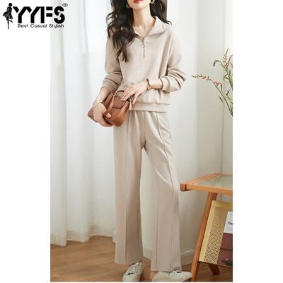 Kadın Moda Rahat İlkbahar Sonbahar Düz Renk Baskı Uzun Kollu POLO Yaka Pantolon Pantolon Takım Elbise