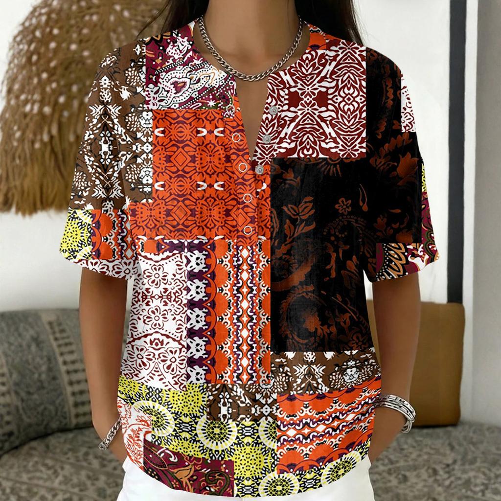 Damenmode Bedrucktes V-Ausschnitt-Shirt Kurzarm Pullover Top Leichte Lässige Bluse für den Alltag