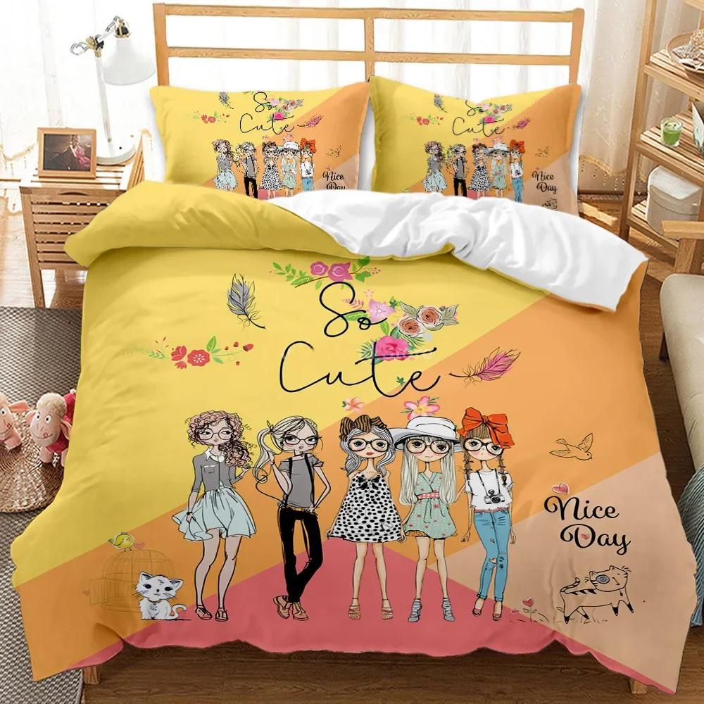 3D Printed Fashion Cartoon Girl Scenery Bedding Set Modern Duvet Cover Double Twin Full Queen King Adult Kids Bedclothes Quilt