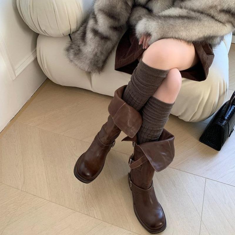 

Casual Versatile High Boots Autumn Round Scalp Buckle Soft Sole Anti-Slip Wear-Resistant Single Boots 35