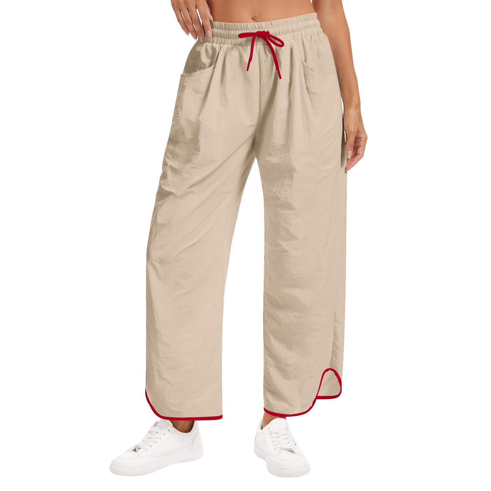 

Womens Wide Leg Casual Pants Drawstring Waist Loose Fit Lightweight Trousers with Trim and Pockets for Daily Wear XL хакі
