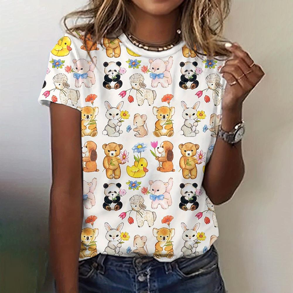 Women's cartoon animal printed T-shirt, fashionable top, short sleeved shirt, round neck T-shirt, women's Harajuk polyester clothing