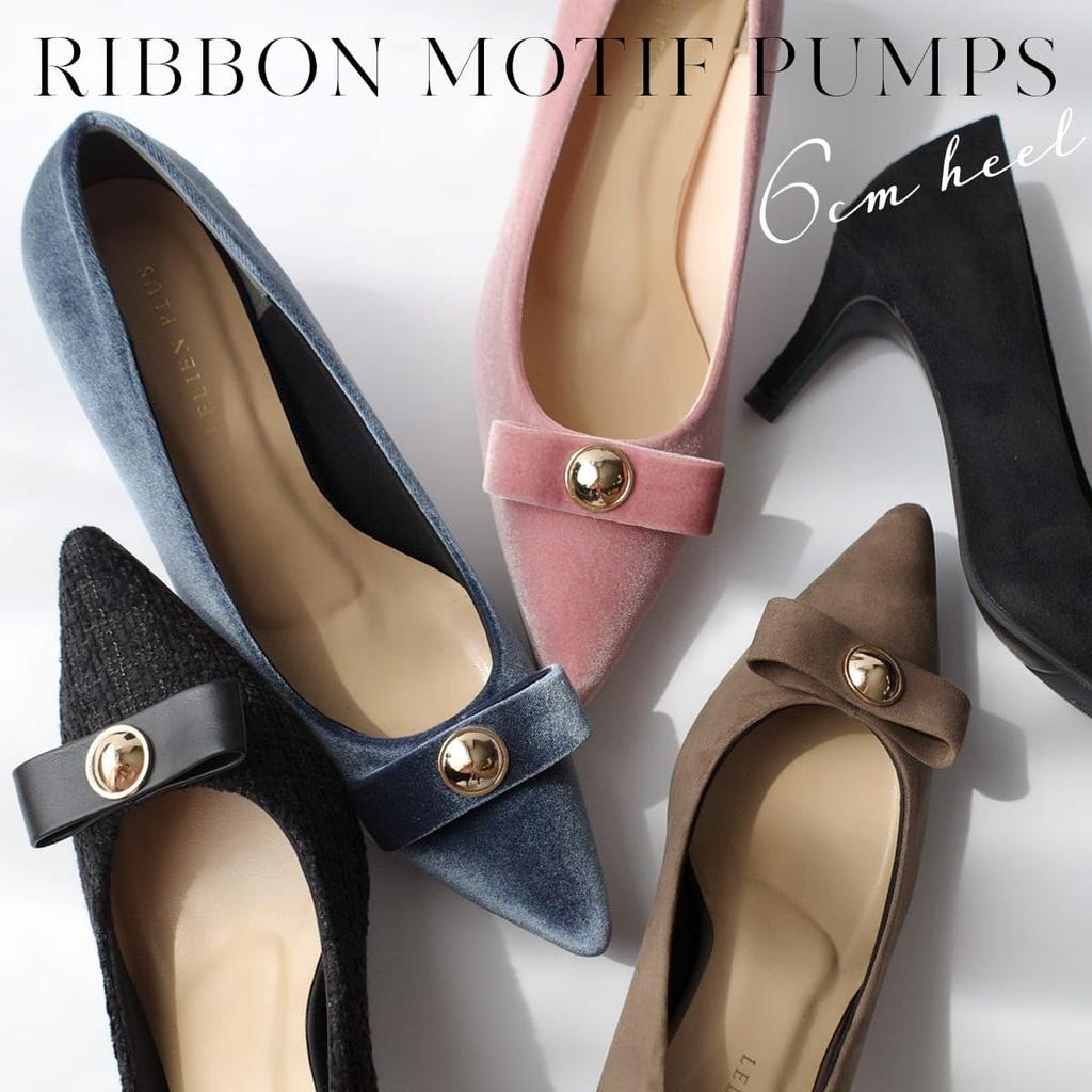 AmiAmi Women's Pointed-Toe Pumps with Ribbon Motif (Dusty Navy (Velvet), Sizes 24.5cm-25.0cm) SY033