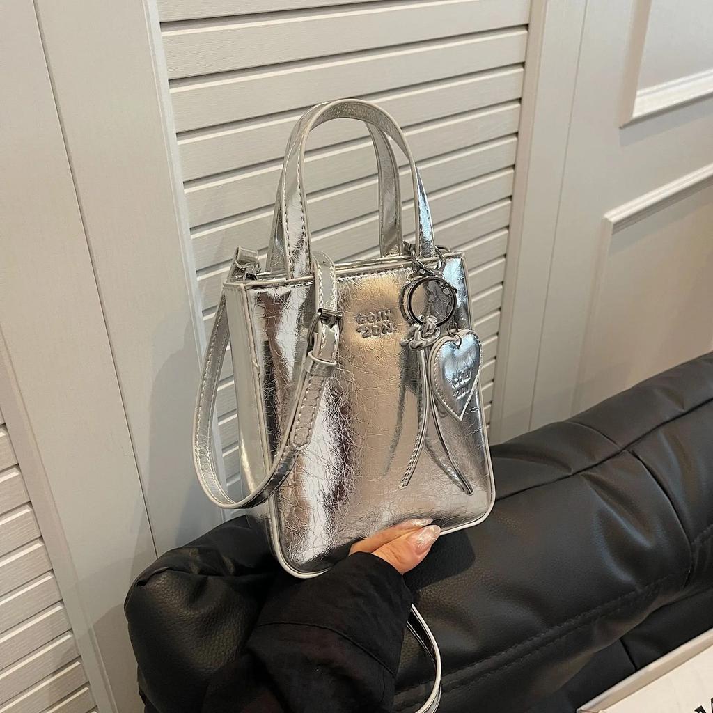 New Trend Korean PU Leather Shoulder Bag Silver Mini Small Square Bag High Quality Purses Women Lady Crossbody Bags Handbag