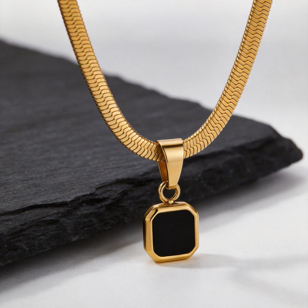 Geometric Square Natural Stone Pendant Necklace for Men, Gold Silver Color Stainless Steel Blade Chain, Trendy Jewelry Gift