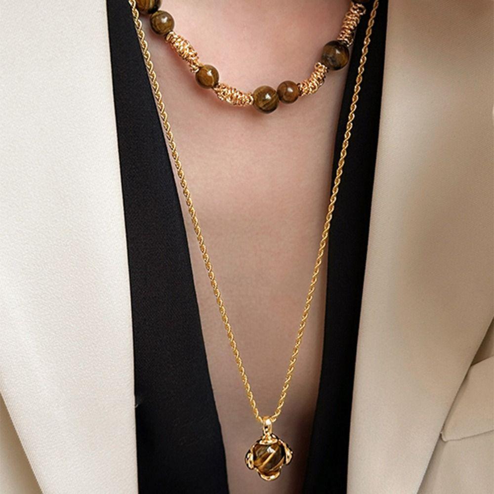Retro Tiger Eye Stone Necklace Maillard Chain Choker Pearl Beaded Necklaces  Cloth Accessories