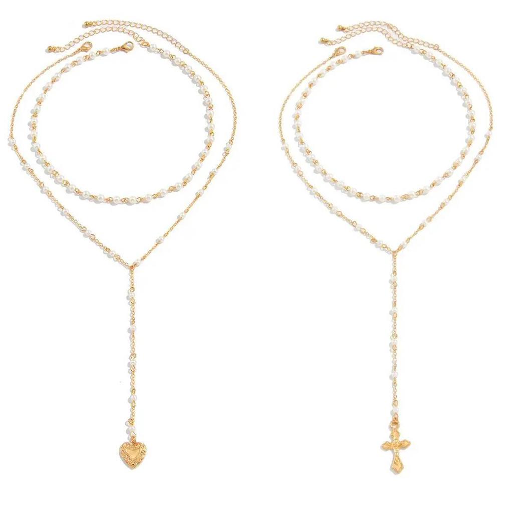 SHIXIN 3 Pcs/Set Hip Hop Jesus Cross Long Pendant Necklace for Women Elegant Imitation Pearl Stackable Sweater Chain Jewelry New