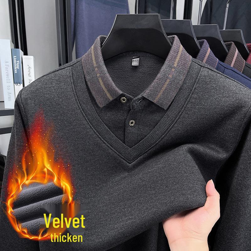 Men s Winter Thickened Knit Sweater with Lapel - Business Casual, Plus Velvet, Fake Two-Piece Design M
