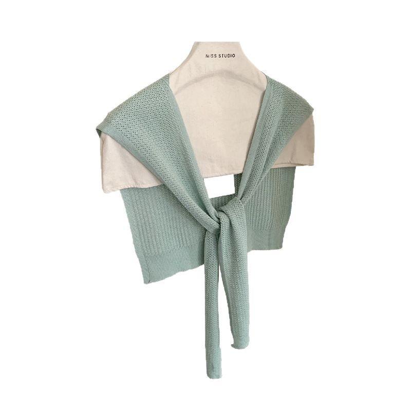 Solid color knitted small shawl fashionable versatile hollow high-end atmosphere white temperament outer small shawl