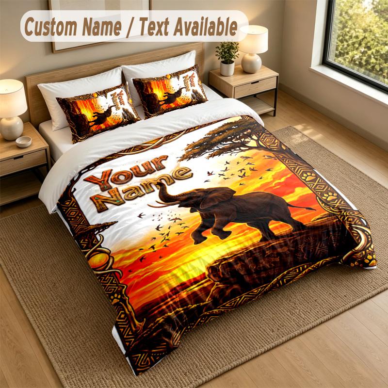 Elephant Theme Personalized 3Pcs Bedding Set Custom Text & Name 1 Sheet 2 Pillowcases Household Bedding 1pc