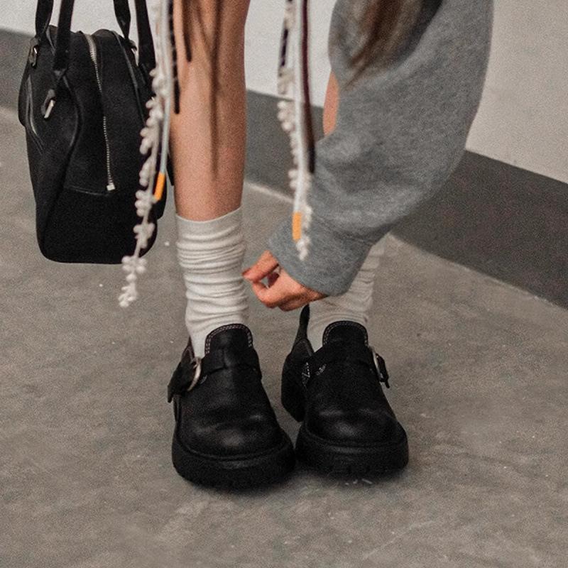 Cowhide Version~ British Style Retro Leather Single Shoes Belt Buckle Muffin Bottom Loafers Women's Thick-soled Thick-heeled Small Leather Shoes