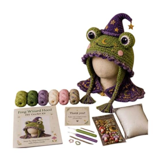 Crochet Starter Kit Fantasy Hood Kit, Cute Animal Hat DIY Dragon Unicorn Creative Gift for Crafters Skull Earflap Craft Adults, Handmade Halloween
