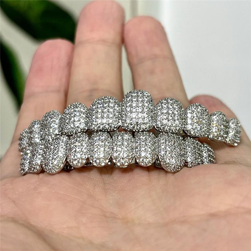 Iced Out CZ Stone Teeth Grillz Top Bottom Zircon Tooth Caps For Women Men Jewelry Party Gift 10/10 Silver