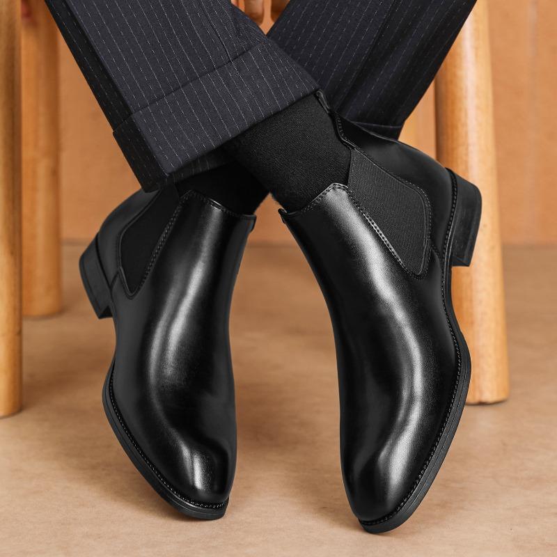 Men's Chelsea Boots British Style Leather Boots Business Dress Botas Classic Slip-On Ankle Booties Casual High Top Boots for Men