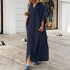 Damen Frühlings Sommer Baumwolle Leinen Maxikleid Hemdkragen Langarm Knöpfe Locker Große Größen Freizeitkleid mit Taschen für Tägliches Urlaubs Tragen