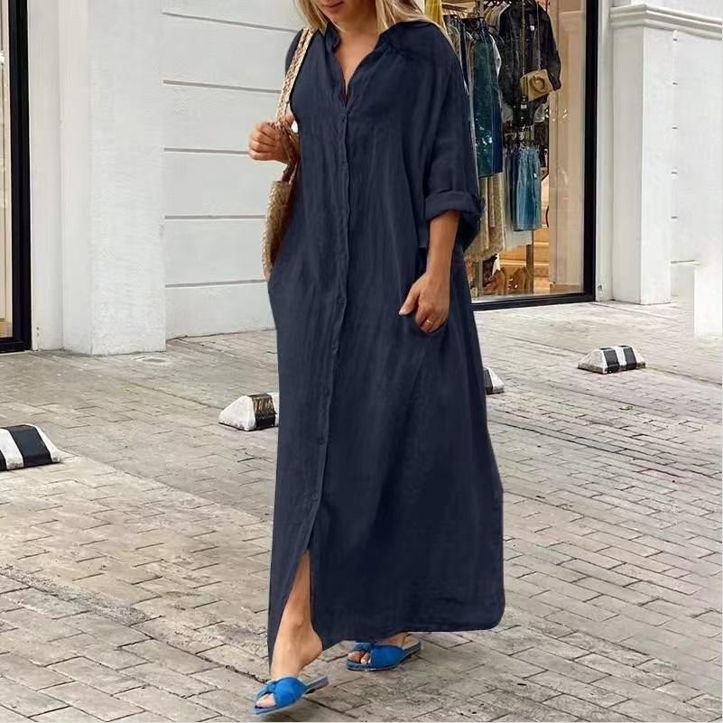 Damen Frühlings Sommer Baumwolle Leinen Maxikleid Hemdkragen Langarm Knöpfe Locker Große Größen Freizeitkleid mit Taschen für Tägliches Urlaubs Tragen