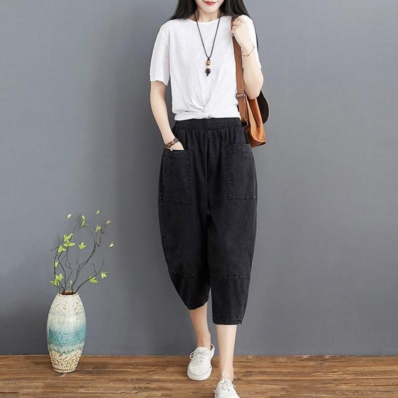 Women's Jeans Summer Large Size Loose Big Pocket Pants Elastic Waist Skinny Seven-point Pants New Age Reduction Fashion Harem Pants