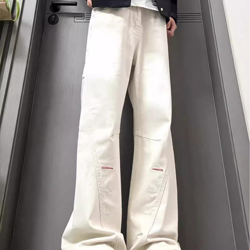 Mens Retro Embroidered Flared Denim Jeans Straight Fit Casual Trousers