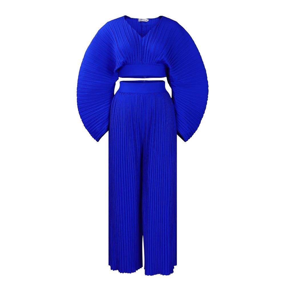 Women's Pleated V Neck Flare Sleeve Crop Top Wide Leg Pants Two Piece Matching Pant Set