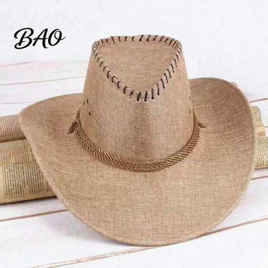 Stiff Brim Gardening Hat Western Cowboy with Windbreak Rope for Men, Wide Linen Sun Foldable Travel Outdoor Travel, Halloween Cosplay Costume,