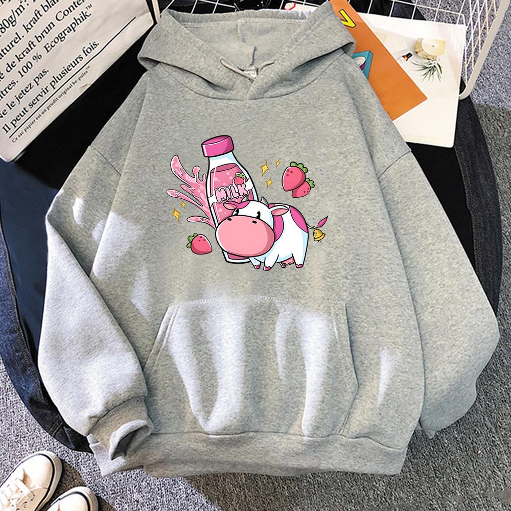 Strawberry Milk Pink Cow Hoodie Oversized Cartoon Printed Sweatshirt Women Warm Hooded Pullovers Harajuku Sweatshirts