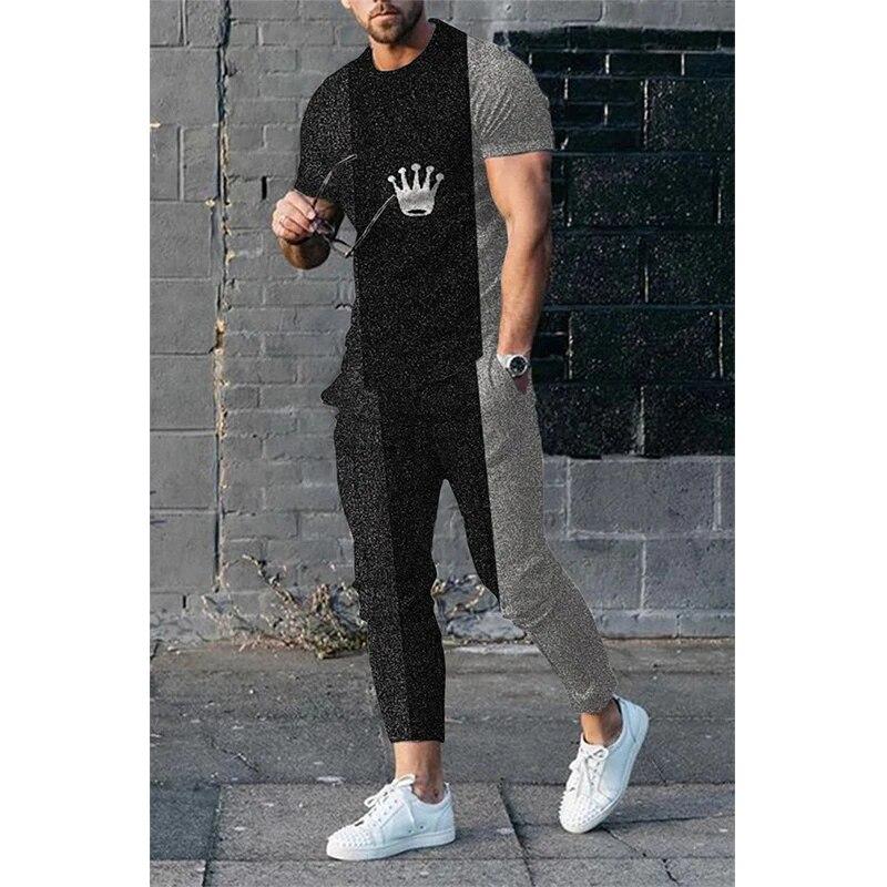 Pantaloni Estivi da Uomo Tuta Set 2 Pezzi Maglietta a Maniche Corte con Stampa 3D Divertente Cuore Sanguinante+Pantaloni Lunghi Abbigliamento Street