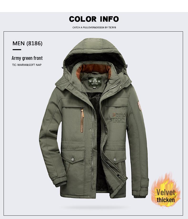 Men's Fleece-Lined Cotton Jacket: Winter Casual, Multi-Pocket, Cold-Resistant, Mid-Length Coat for Middle-Aged and Elderly