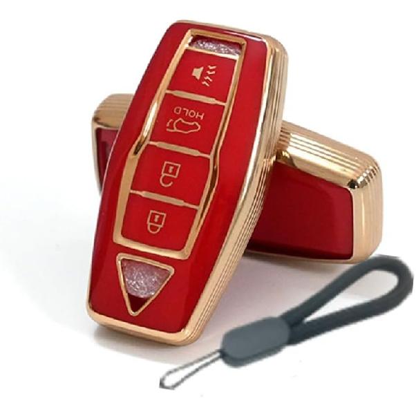 Key Fob Cover Compatible with Mitsubishi Outlander 2025 2024 2023 2022 Case Protector TPU with Little Lanyard 4 Buttons Gold Red