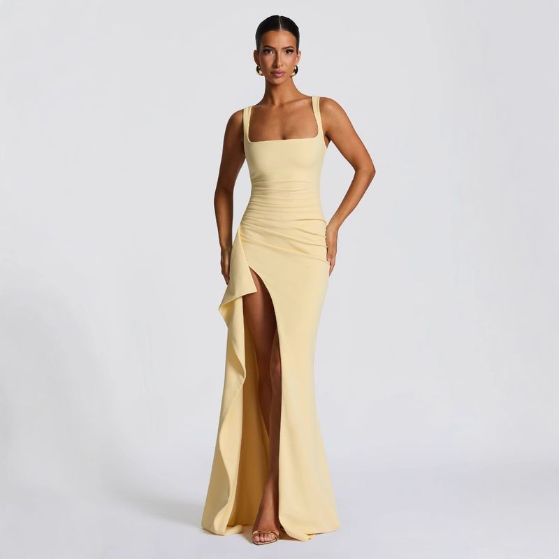 

Spring New Fashion Sexy Sweet and Spicy High Slit Camisole Gown Dress Women Yellow L
