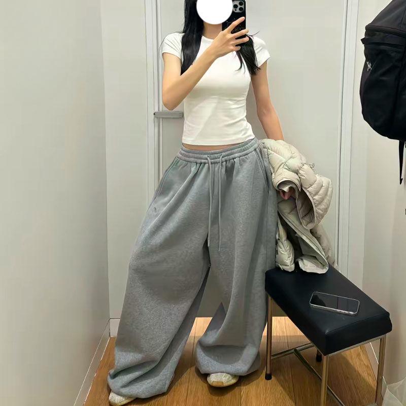 VIONA Y2K Streetwear Grå Sweatpants Dam Koreanska Överdimensionerade Lösa Allt-Match Sportsbyxor Hög Midja Dragsko Avslappnade Vida Byxor