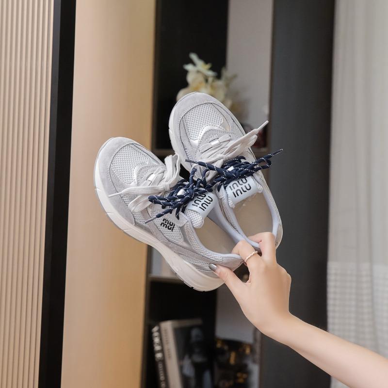 

Leather mesh dad shoes women s summer new thick-soled lace-up round head comfortable versatile casual sports shoes tide 40 бежевий