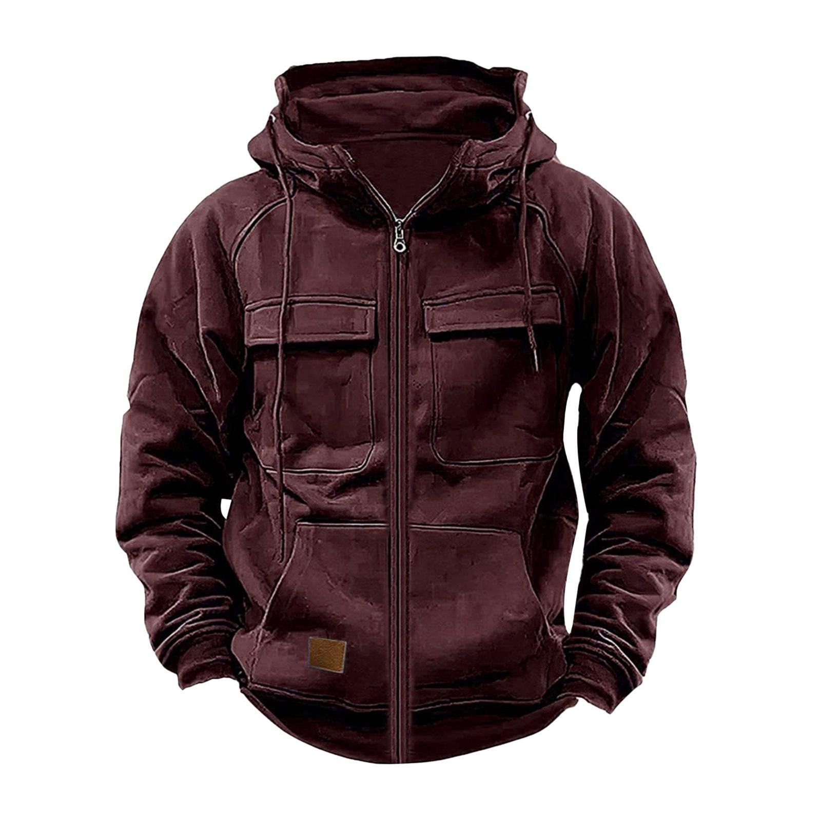 

Foreign Trade Autumn and Winter Men s Hooded Solid Color Retro Loose Multi-pocket Zipper Sweater 3XL