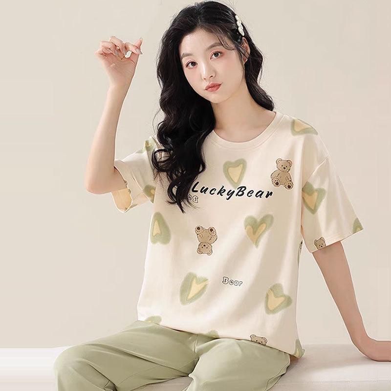 

Summer new short-sleeved trousers pajamas women s thin large-size cartoon bear loungewear women s cute spring and autumn suit M