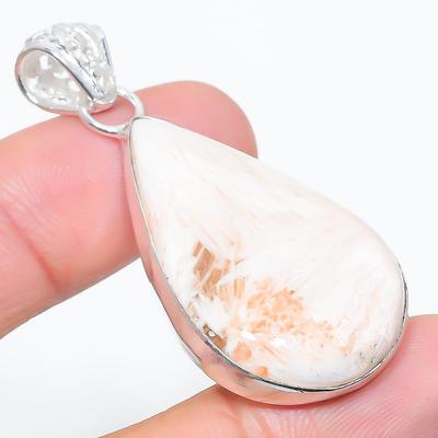Natürlicher Skolezit-Edelstein, handgefertigter Anhänger aus 925er Sterlingsilber, 5 cm, d6H32