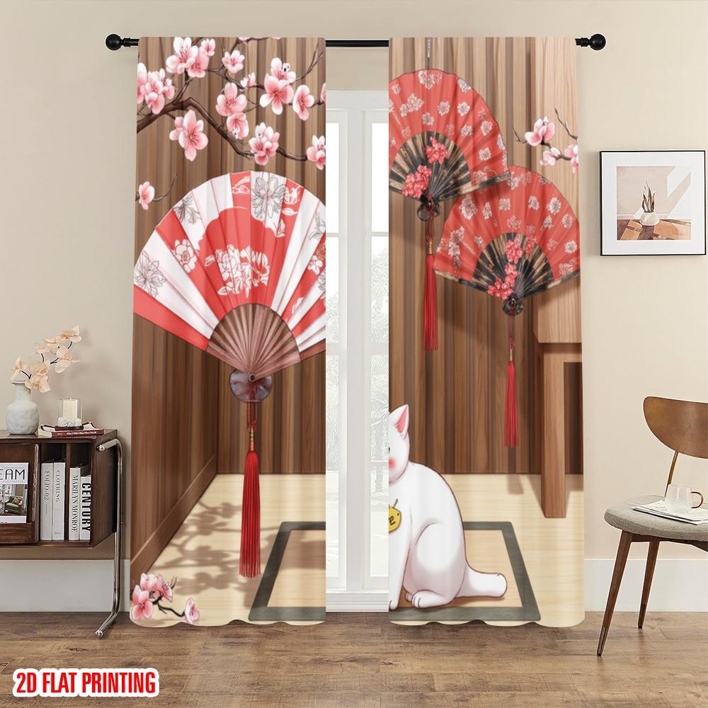 2pc  2D plane printing Window Curtain CherryBlossomFans Versatile Polyester (without rod) Gifts Use for Bedroom Living Room