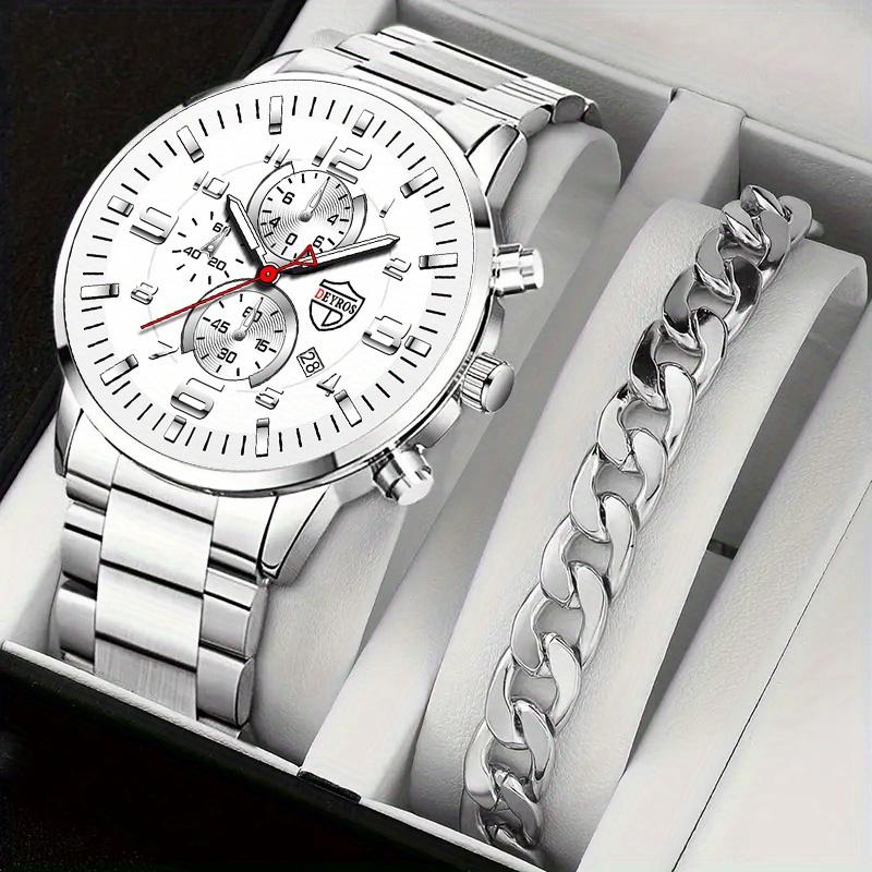 

1 шт. Модные мужские повседневные часы, мужские наручные часы с ремешком из нержавеющей стали и 1 шт. Браслет с , Подарки для мужчин