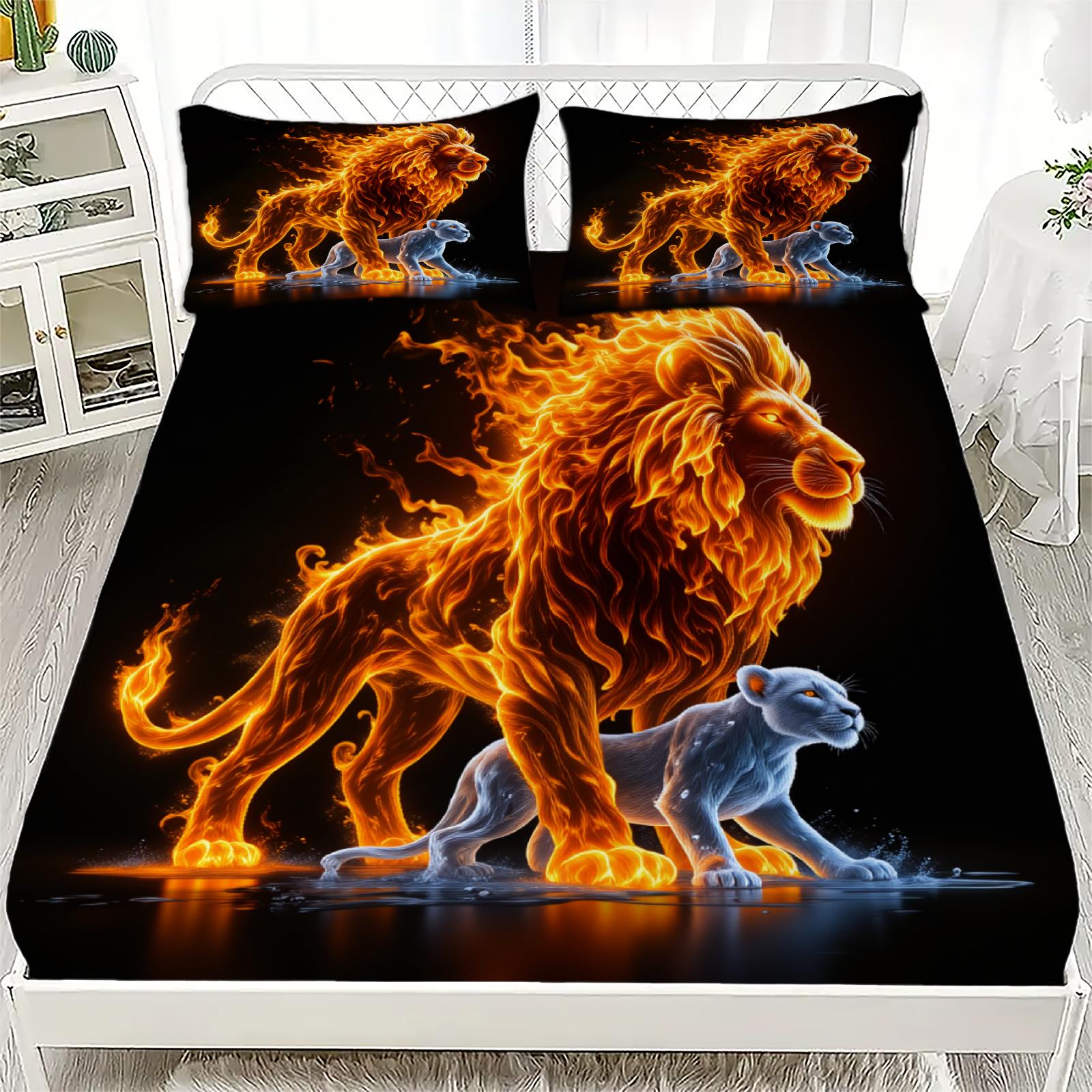 

3pcs Lion And Panther Flat Sheet Sets 3D Printed Fire Animal Fitted Sheet Sets With Pillowcases No Filling For Teen Boys 120x200x25cm