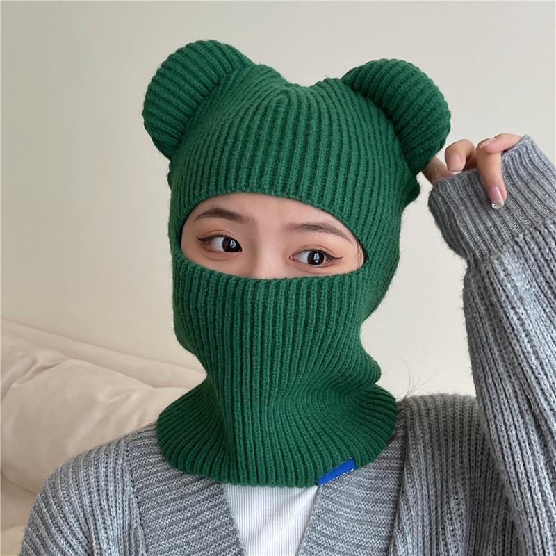 Cappello Pullover di Lana Autunno e Inverno Bambini Orecchie d'Orso Cappello Termico a Maglia Copricapo Antivento per Equitazione all'Aperto Sciarpa Integrata