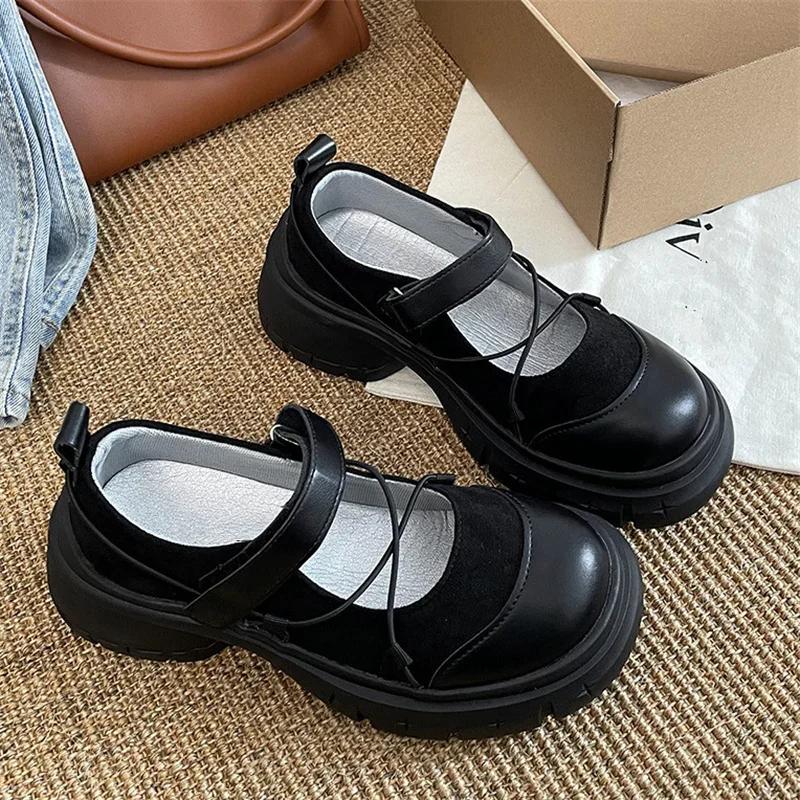 Fashion Round Toe HOOk&LOOP Mary Janes Women Shoes Non-Slip Thick Bottom Ladies Shoes Retro Height Increasing Casual