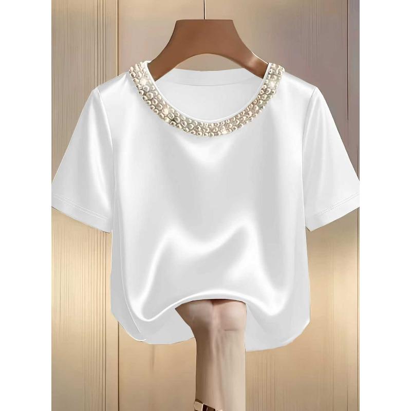 IHUASU Women's Fashion Casual Solid Color Print Short Sleeve O-Neck Blouses & Shirts International Design