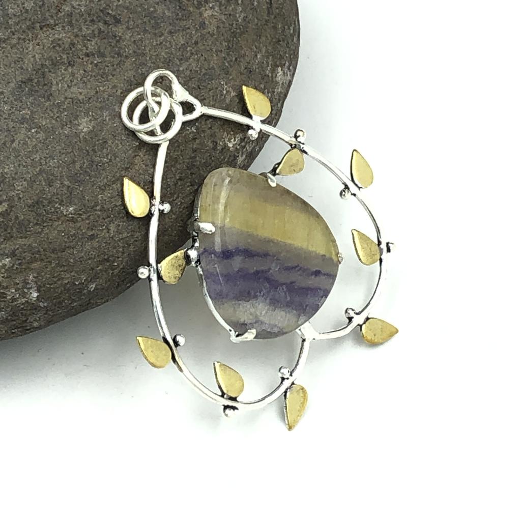 Natural Multi Fluorite Gemstone 925 Sterling Silver Jewelry Pendant 1.98" AJP-92