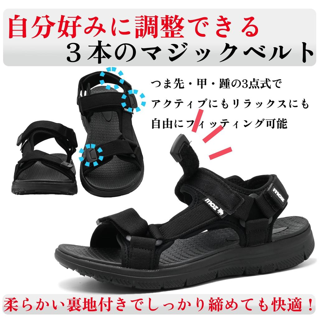 Mozu Sports Sandals with Strap Soft and Cushioned EVA Size 0800A Men's Ultra-Lightweight 3-Point Adjustment, Lining, Top, (Black, LL)