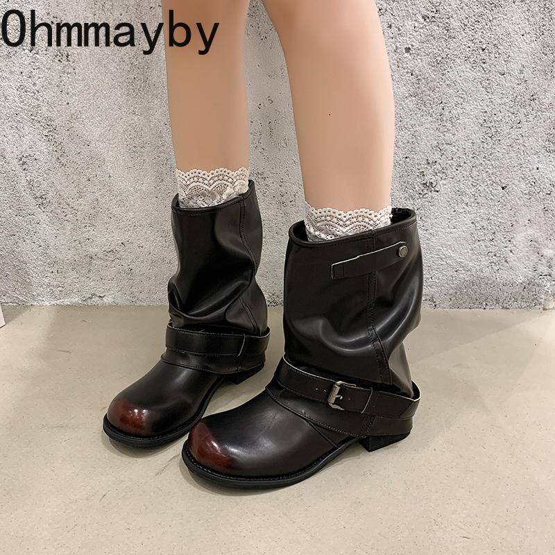 Autumn Winter Thick Heel Women Western Cowboy Boots Fashion Belt Buckle Slip On Shoes Ladies Vintage Pleated Short Booties