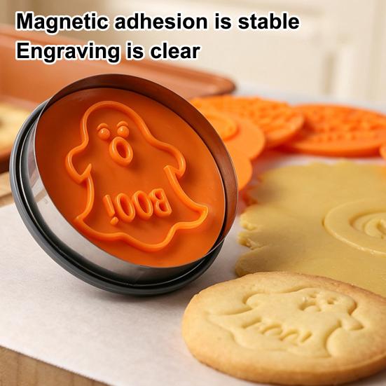 Cookie Cutters for Halloween 8pcs Magnetic Stamp Molds, Pumpkin Ghost And Skeleton Patterns Mold Design, Interchangeable Stainless Steel Embossed