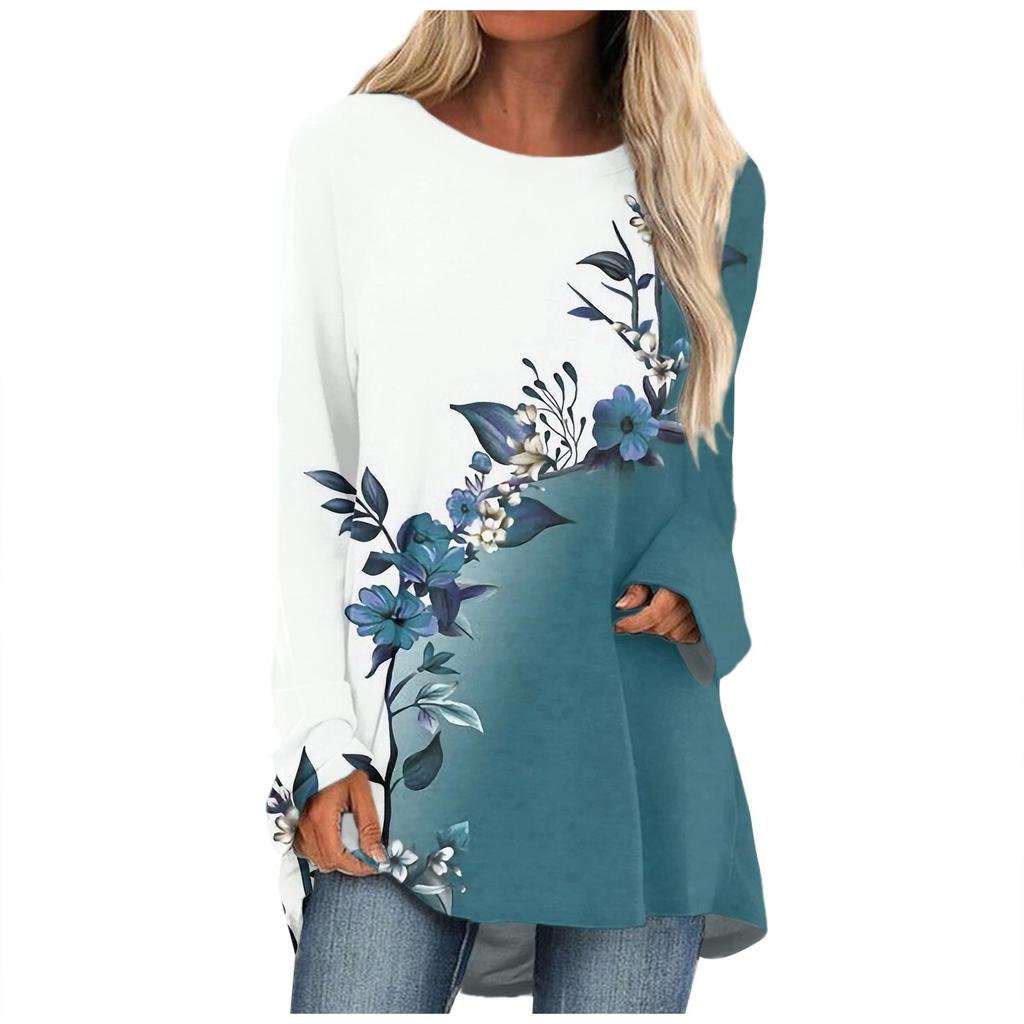 Women's T-shirt Flower Fashion Casual Print Long-sleeved Round Neck Mid-length Top