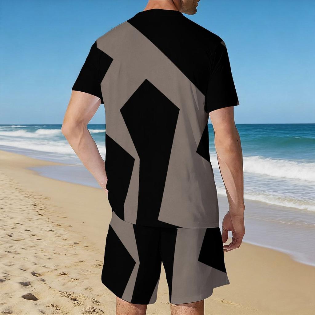 Men Black Gold Ethnic Peacock Border Print Short Sleeve Tee And Matching Shorts Two Piece Outfit
